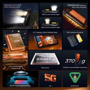สำหรับ WP58 PRO 5G โทรศัพท์มือถือแบบทนทาน Octa Core LCD 120Hz แรม 24GB + รอม 512GB หน้าจอ 6.7 นิ้ว HD แบตเตอรี่ 10000mAh ชาร์จเร็ว 33W ระบบปฏิบัติการ Android 15 NFC รองรับซิมคู่ - Product Image 5