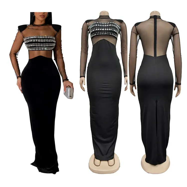 X6823-trendy 블랙 섹시한 원피스 메쉬 모조 다이아몬드 검은 드레스 우아한 여성 이브닝 드레스