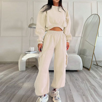 Ensemble de survêtement rose 2 pièces respirant pour femme : sweat-shirt court à manches longues et pantalon cargo décontracté à jambes larges – Style streetwear