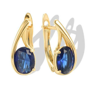 Boucles d'oreilles créoles E2087 en or avec pierre précieuse bleue en forme de goutte d'eau sertie clos, bijoux fins classiques pour femmes - Product Image 1