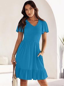 Vestido Casual de Verano para <span class=keywords><strong>Mujer</strong></span>, Color Sólido, Cuello en V, Manga Corta con Volantes, Estilo Fluido, Largo hasta la Rodilla, con Bolsillos, Elegante y Sencillo - Product Image 6