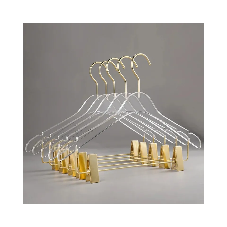 Wholesale Acrylic Hangers for Clothes with Gold Clips with Customized LOGO acrylic pant hanger Transparent Acrylic Pants Hanger