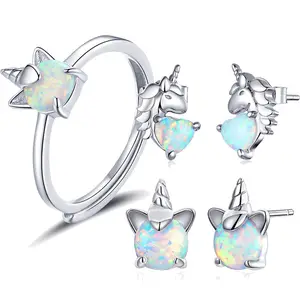 s925 silver platinum-plated unicorn earrings ring collection diagram niche design sense opal jewelry