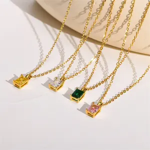 Dainty Minimalist Gemstone Necklace Stainless Steel Colorful Square Emerald Zircon Pendant Necklace For Bridesmaid Gift