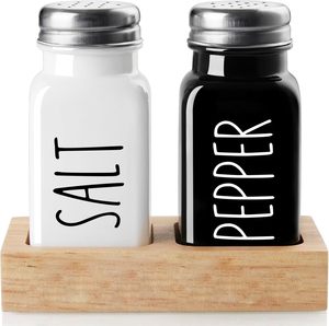 Ensemble de salières et poivrières avec support, salière en <span class=keywords><strong>verre</strong></span> avec support en bois pour comptoir de cuisine ou table - Noir et blanc - Product Image 1