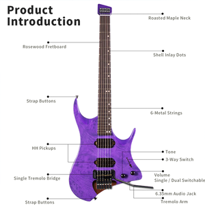 Guitare électrique sans tête personnalisée en usine, 6 cordes, corps en acajou, manche en érable, micros H-H, instrument de performance de voyage - Product Image 6