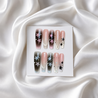 Faux ongles de luxe faits à la main, motif Interstellar Aura Blush, étoiles et cœurs, style Y2K, longs, forme cercueil, réutilisables