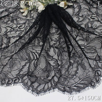 Kain Renda Chantilly Hitam Lebar 27cm, Tulle Prancis Bermotif Bunga, Renda Rajut untuk Gaun Malam