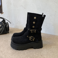 Bottines à plateforme pliables pour femmes, en daim, avec double boucle, fermeture éclair latérale, semelle à crampons, bottes de combat, 2 couleurs