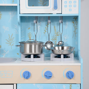 Grande cuisine de jeu en bois pour enfants avec réfrigérateur vintage, micro-ondes, cuisinière et évier, ensemble de cuisine d'imitation haut de gamme - Bleu - Product Image 5