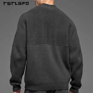 Suéter de punto personalizado para hombre con media cremallera, panel acanalado de fibra de bucle cerrado, parche en el brazo izquierdo, estilo urbano, listo para todo tipo de clima, ideal para capas. - Product Image 3