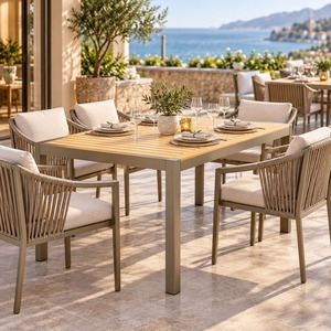Mesa de Comedor Moderna para Exteriores GDRS, Estructura de Aluminio Color Champán, Tablero de Madera, para Restaurante, Cafetería, Patio - Product Image 3