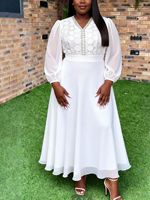 Robe d'été ample en tissu peigné blanc à dentelle pour femme grande taille, col en V, manches lanternes, taille cintrée, idéale pour mariage