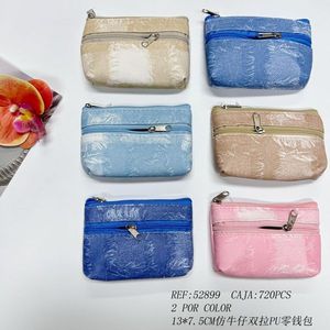 Monedero de imitación de mezclilla con doble cremallera y cremallera de PU, 13x7.5cm, color brillante, tabla de colores F3623 - Product Image 3