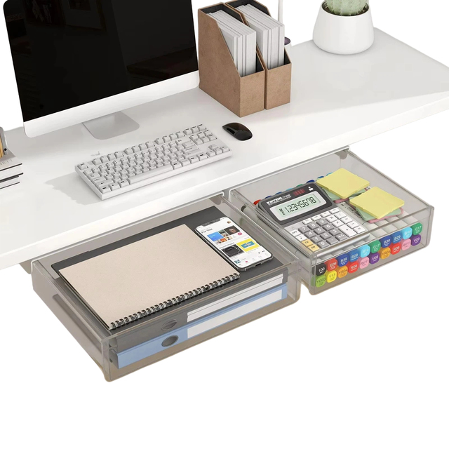 Self Adhesive Under Desk Drawer, Hidden Slide Out Storage Drawer for Home Office Desktop Stationery Makeup Small Items Organizer