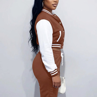 Jaket Varsity Wanita Cokelat Putih Lengan Panjang Kerah Kancing Model Lengan Penuh Panjang Pendek Warna Kontras Pola Solid Pakaian Musim Gugur