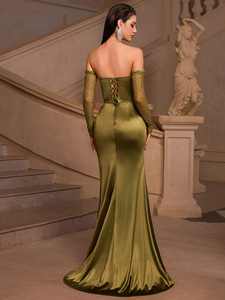 Vestido de noche sirena verde oliva con hombros descubiertos, corsé de encaje, manga larga, abertura alta, satén, formal, para invitadas de boda, graduación, maxi vestido - Product Image 2