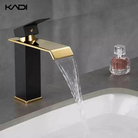 Keran wastafel kamar mandi, keran wastafel toilet, tuas tunggal Modern mewah, keran Stainless Steel, lubang tunggal, air terjun, warna hitam emas