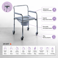 Chaise de toilette mobile réglable en hauteur (51-61 cm) avec freins à roulettes, cadre chromé et housse de siège en tissu.