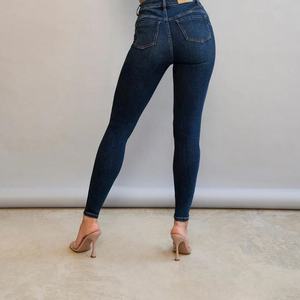 Jeans Ajustados de Mezclilla Elástica Azul Oscuro con Lavado Ácido OEM para Mujer, Jeans de Cintura Alta Estilo Boyfriend - Product Image 3