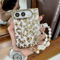 Étui pour iPhone Duo Fold 18, plaqué or, imprimé léopard, bracelet en perles, luxe, pour femmes, pliable, coque OEM