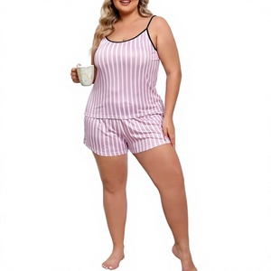Women Elegant Striped Satin Lounge Set Sleeveless Cami Shorts Summer Sleepwear Elastic Waist 2-Piece Casual Wear Front Logo - Product Image 2