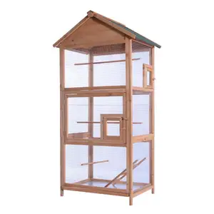 TIANYI Cage à oiseaux en bois à 3 couches pour perroquets et petits animaux avec plateau coulissant facile Logo personnalisé Rectangle en bois solide coupe-vent