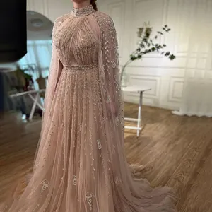 Serena collina Dubai arabica Nude a linea abiti da sera in rilievo con maniche a mantello abiti per festa di nozze 2024 LA71803 su misura - Product Image 5