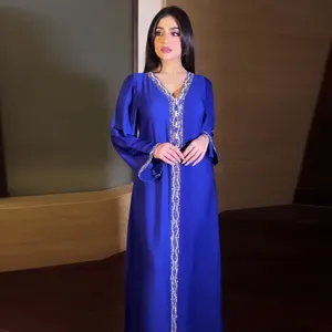 新到中东迪拜土耳其阿拉伯阿巴亚连衣裙女性时尚穆斯林摩洛哥卡夫坦钻石丝带贾拉比亚皇家蓝