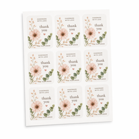 Lot de 9 autocollants floraux de remerciement en gros, motif botanique aquarelle, texte et logo personnalisés, pour emballage de petites entreprises, MOQ 100