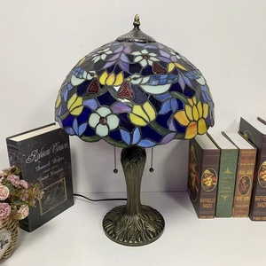 LongHuiJing Tiffany <b>Table</b> <b>Lamps</b> Flower and Birds Stained Glass Lampshade Antique Art Style Desk <b>Lamp</b> With Lotus Metal <b>Base</b> - Product Image 5