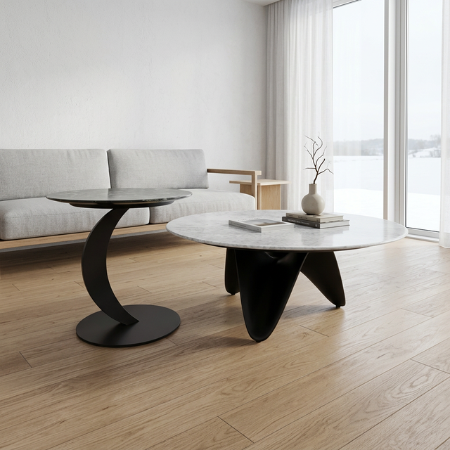 Modern Luxury Blue Crystal Natural Marble Round Coffee Table with Sculptural Tripod Fiberglass Base Living Room