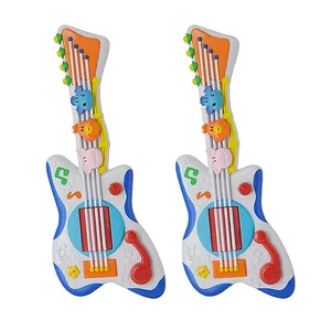 Mainan Gitar Elektrik Anak Laki-laki, Instrumen Musik Edukasi Mini Kartun Plastik Dioperasikan Baterai untuk Anak-anak