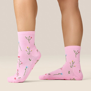 Custom Floral Embroidered Non-Slip Crew <b>Socks</b> with Full-Sole Silicone Grip Dots Cotton Blend Yoga Pilates Barre Gripper - Product Image 5