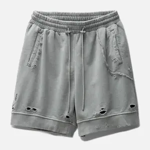 Streetwear moda angustiado algodão francês Terry Puff Print Shorts para homens