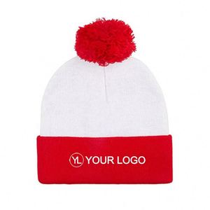 Gorro de Punto Plegable con Puño y Pompón Rojo y Blanco con Logotipo Personalizado para Promociones Navideñas - Product Image 1