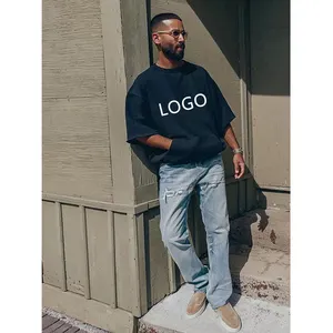 تي شيرت رجالي مخصص من القطن بطباعة بارزة للشعار، تصميم فضفاض بنمط الهيب هوب والملابس الشارعية، هودي نصف كم من الصوف - Product Image 4