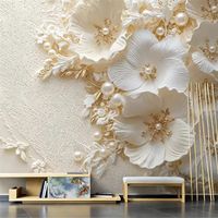Papier peint mural 3D en relief Art Déco, fleurs blanches, perles, feuilles dorées, papier peint floral de luxe, décoration intérieure, fond personnalisé