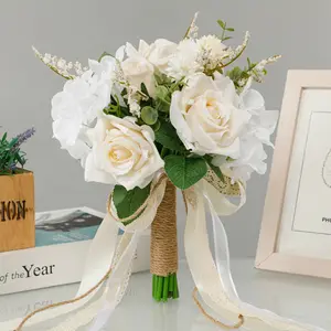 Wedding Bouquets For Bride Bridesmaid White Champagne Artificial Roses Flowers Wedding Decoration