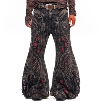 Jeans baggy DiZNEW pour hommes, noir, marron, effet délavé, imprimé Bio Mech, multi-zips, œillets, insert en mesh rouge, étiquette DiZNEW, denim évasé, OEM.