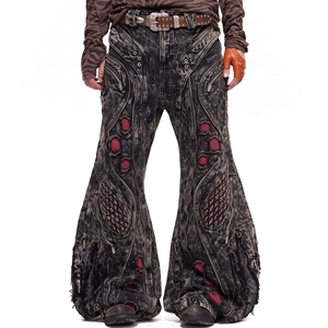 Jeans baggy DiZNEW pour hommes, noir, marron, effet délavé, imprimé Bio Mech, multi-zips, œillets, insert en mesh rouge, étiquette DiZNEW, denim évasé, OEM. - Product Image 2
