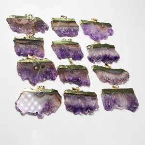 LS-A959 新到货原石切片紫水晶吊坠魅力时尚项链魅力与镀金首饰制作的魅力