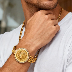 Bracelet en acier inoxydable, le plus tendance, double chaîne, tête de lion, en acier inoxydable doré, lourd, style gothique, maillons cubains - Product Image 1