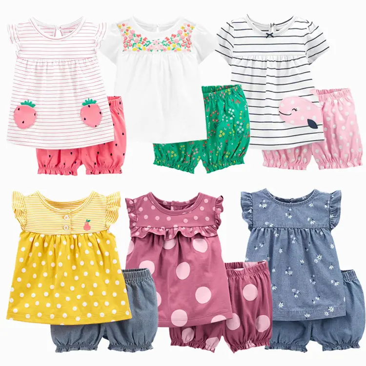 Groene Horizon Groothandel 1-3 Jaar Designer Babykleding Zomerprint Meisjes Sets Korte Mouw 2 Stuks Met Korte Broek Baby