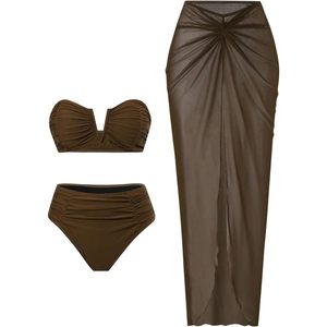 FOXA Women's 3 Piece Bandeau <b>Bikini</b> <b>Set</b> High Waisted Swimsuit With Sheer Cover Up <b>Skirt</b> Bathing Suit - Product Image 1