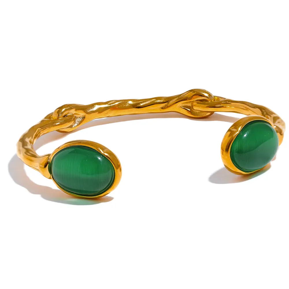 JINYOU 227 Green Natural Stone Stainless Steel Gold Cuff Bracelet Bangle Women High Quality Textured Stylish Statement Jewelry