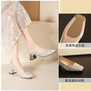 Escarpins de mariée 5688L à bout carré, talon carré, dessus pailleté, confortables, à enfiler, toutes saisons, chaussures pour femmes - Product Image 5