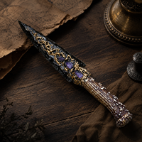 Ponceau artisanal en obsidienne noire avec runes, 19 cm, couteau décoratif en pierre, objet de collection