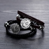 Bracelet en cuir tressé noir pour femmes, carte de Poker, paillettes, breloques perles, multi-brins, accessoire