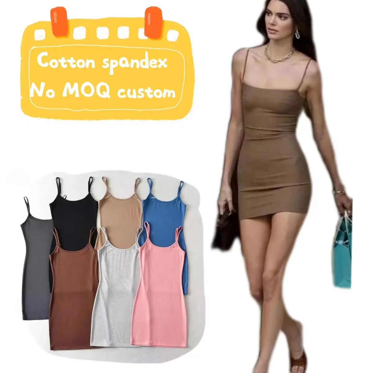 good quality custom logo brown cotton spandex fitness slip mini dresses women basic solid blank knit bodycon dress 2022 Summer